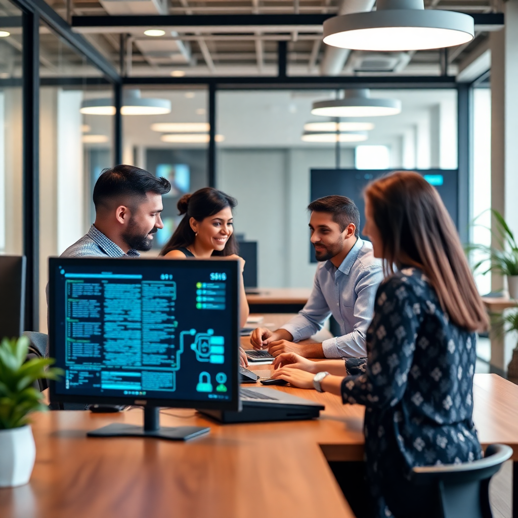 professionelles cybersicherheit team im modernen büro, diverse gruppe arbeitet zusammen, freundliche atmosphäre